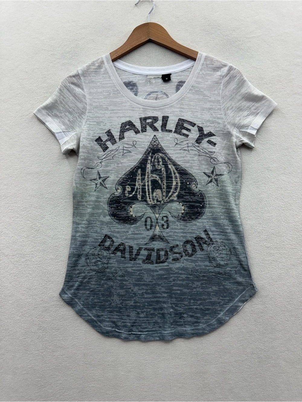 Harley Davidson Women’s Medium T-Shirt Grey Ombre Rhinestone Spade Burnout Tee